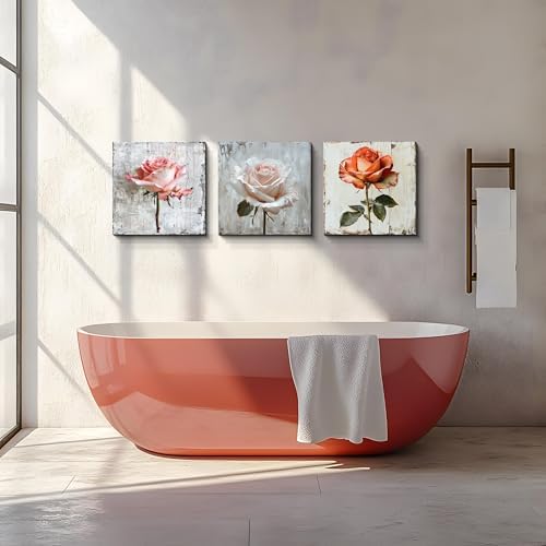 NAN Wind 3 Panel Rose Canvas Art with Distressed Wood Frame Vintage Botanical Wall Art for Farmhouse Decor Pink Orange Rose Gallery Wall Set Ready to Hang Floral Prints for Living Room Bedroom Kitchen