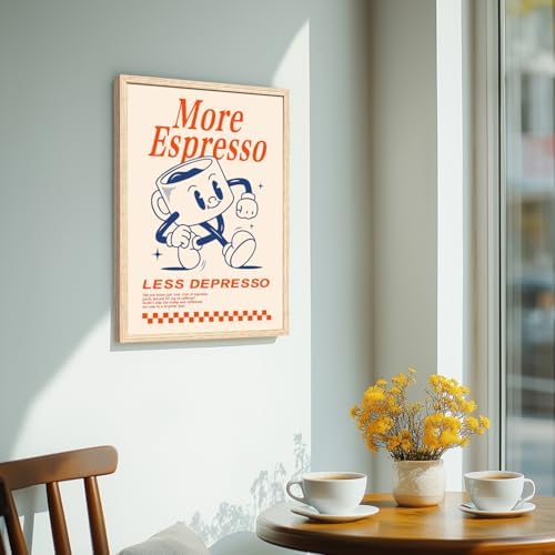Cyebmo Funny Coffee Wall Art, Vintage Cafe Kitchen Wall Decor, More Espresso Less Depresso Art Prints, Beige Dorm Poster Print for Home Office Coffee Bar Kitchen, Wood Framed Ready to Hang 12x16 Inch