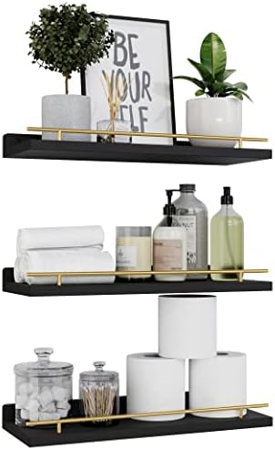 WOPITUES Floating Shelves for Wall Decor Set of 3, Black and Gold