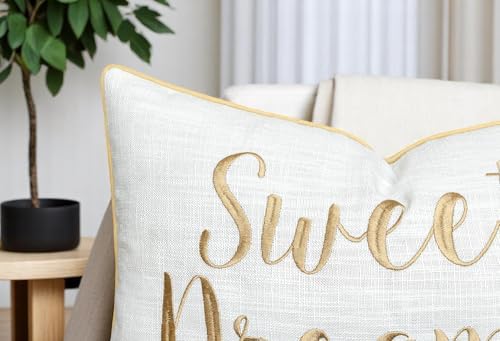 Rudransha Sweet Dreams Ivory Lumbar Pillow Cover 12x18 – Embroidered Script Quote Cotton Cushion Case – Good Night Sleep Bedroom Nursery Decor for Bed Crib Guest Room