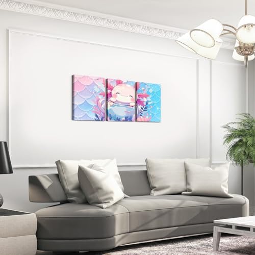 Feelyou Boys Girls Pink Axolotl Canvas Wall Art for Living Room Bedroom Salamander Wall Painting Posters and Prints Kids Sealife Picture Wall Decor Ocean Animal Bathroom Wall Art 12"x16"x 3Pcs