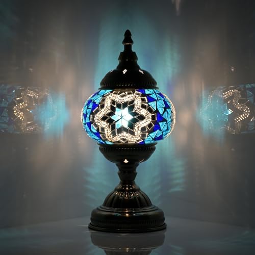 GOGERS Turkish Moroccan Table Lamp Lantern with Handmade Mosaic Glass Lampshade Tiffany Style Bohemian Stained Glass Decorative Desk Lamps Bedside Night Lights for Bedroom (Blue White)