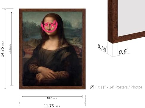 Poster Master Mona Lisa Painting Poster - Smile Face Print - Altered & Pop Art - Defaced Art - Gift for Men & Women - Minimal Decor for Office, Bedroom or Living Room, 11x14 Brown Framed