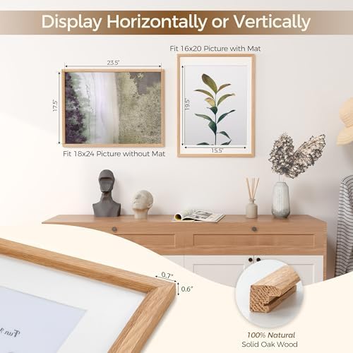 Fun Memories 18x24 Poster Frame, Solid Oak Wood Poster Frames, Modern Photo Frame for Wall 18x24 with 16x20 Mat, High Definition Plexiglass & Wall Hook Included (Beige, 1 Pack)