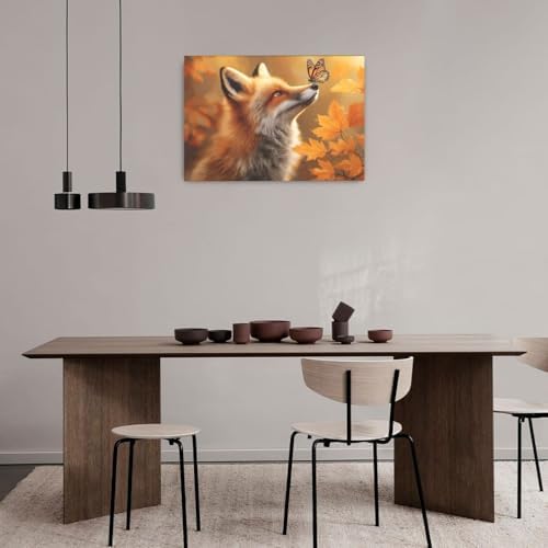 Fall Fox Decor Wall Art Autumn Pictures Maple Leaf Canvas Prints Painting Cute Fox Artwork Home Decoration for Bathroom Bedroom Living Room Framed Gifts 16"x24"