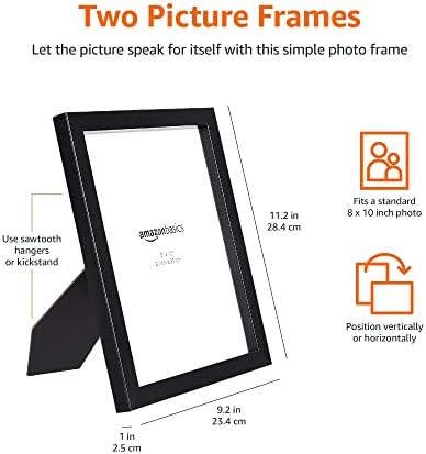 Amazon Basics Rectangular Photo Picture Frame, 8" x 10", Wall Hanging or Tabletop Display, Black, 2-Pack, Horizontal or Vertical