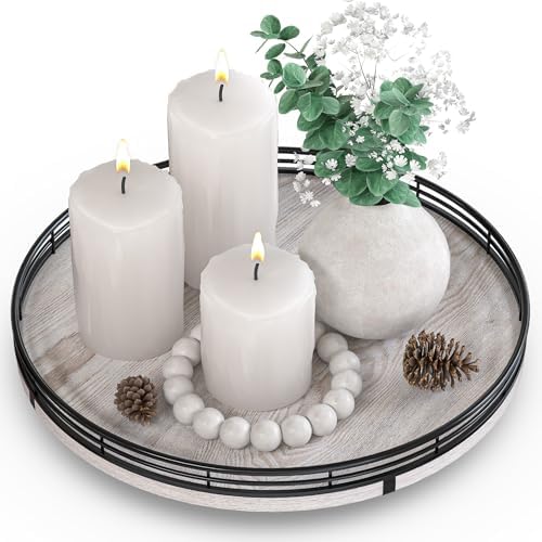AMH 12-Inch Whitewashed Farmhouse Lazy Susan Tray with Black Metal Frame