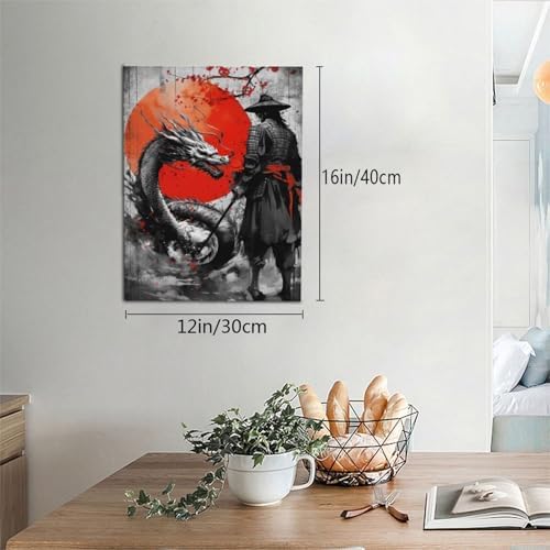 Wesluin 12"x16" Samurai Dragon Canvas – Red Sun Japanese Wall Art | Legendary duel unfolds beneath the rising crimson orb. Monochrome warrior versus beast. Hook included, ready to hang.