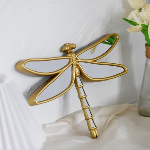 Decorative Golden Dragonfly Wall Mirror, Plastic Frame with Mirrored Wings (12.4 x 9.3 inches)