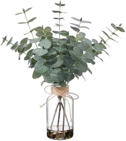 Artificial Eucalyptus Stems in Glass Vase, 15.74-in Greenery