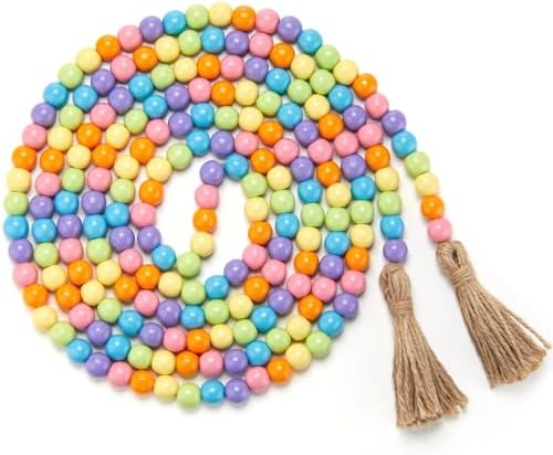 Equsion Rustic Wood Bead Garland with Tassel Farmhouse,Ice Cream Color