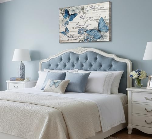 Inspirational Butterfly Canvas Wall Art Farmhouse Blue Butterfly Flowers Motivational Quotes Paintings Pictures Wall Decor Posters Prints Artwork for Women's Room Apartment Office Home Decoration