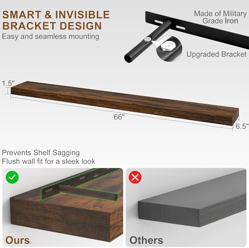 Fun Memories 66 Inch Fireplace Mantel - Long Floating Shelf, Wall Mounted Farmhouse Display with Invisible Heavy Duty Metal Bracket, Brown, 2 Pack