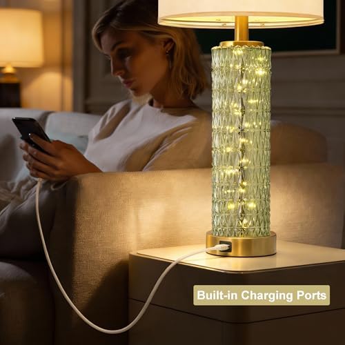 Oneach 27.75" Modern Table Lamps Set of 2, Green Bedside Lamp with Glass Nightlight, USB A+C, Unique Desk Lamps for Living Room, Bedroom, Nightstand, End Table (2 Bulbs Included)