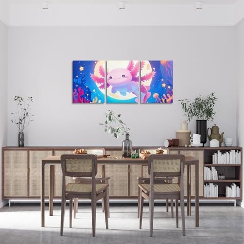 Feelyou Kids Cartoon Axolotl Wall Painting Posters and Prints Cute Salamander Canvas Wall Art Living Room Bedroom Ocean Animal Picture Wall Decor Boys Girls Animal Bathroom Wall Art 12"x16"x 3Pcs