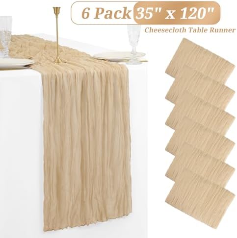 6 Pack Beige Cheesecloth Table Runner, Extra Wide 35x120 Inch