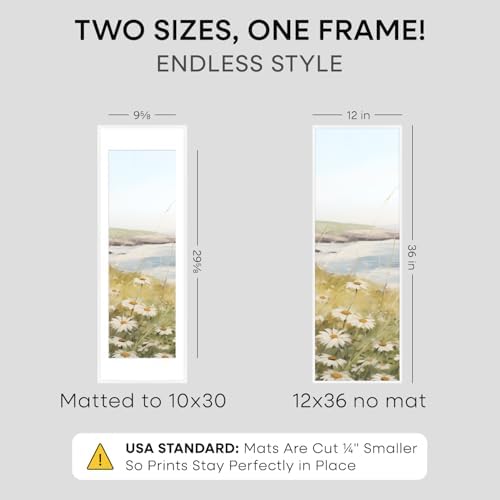 Homeforia 12x36 White Picture Frame, High-End Metal, 10x30 Mat, Glass