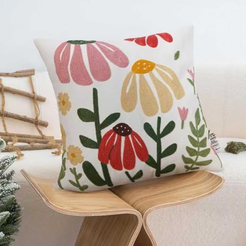 JASEN Embroidered Floral Boho Throw Pillow Cover 18x18 Inch - Decorative Cotton Pillow Case for Couch, Sofa, Bedroom, Living Room - Farmhouse Home Aesthetic Housewarming Gifts (Floral, 18" x 18")