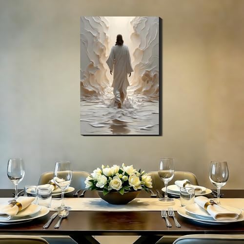 Jesus Walking on Water Surreal Canvas Wall Art, Christian Spiritual Picture Wall Decor, Modern Religious Posters Prints for Living Room Bedroom Church Holiday Decoration