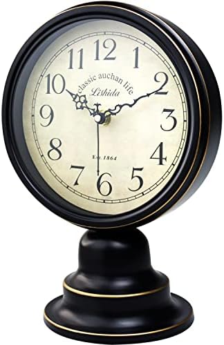 Mid Century Modern Desk Clock - Vintage Tabletop Metal Clock for Bedroom, Kitchen, Office, Living Room - Silent Decor - Battery Operated - Black