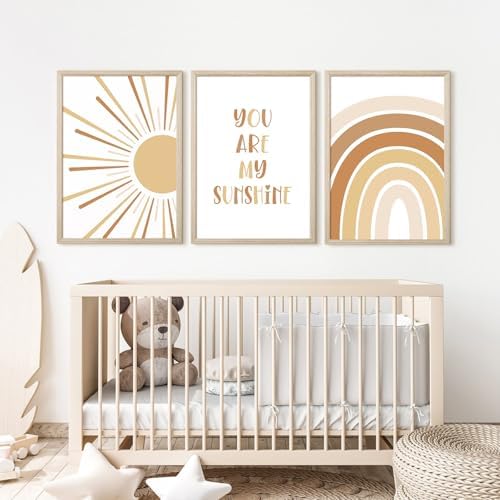 Baccone Boho Nursery Wall Art Baby Girl Wall Decor Kids Rainbow Canvas Wall Art You Are My Sunshine Pictures Toddler Sun Prints Nursery Artwork for Room Bedroom Set of 3 12x16 Inch Unframed