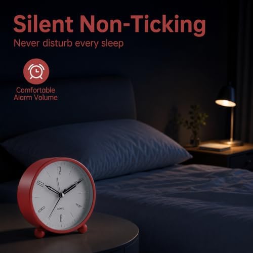 Analog Alarm Clock, 4 inch Super Silent Non Ticking Small Clock with Night Light, Battery Operated, Simple Design, Old Fashioned Style Wine-red Decor, for Bedroom, Bedside, Desk, Adult, Gift, Red