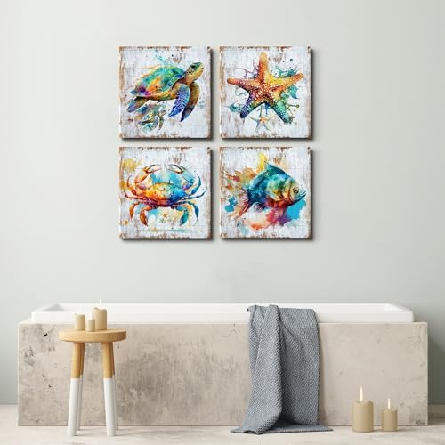 Nautical Wall Art Sea Turtle Wall Decor Watercolor Starfish Seafish Crab Canvas Pictures for Bathroom Decor Rustic Sea Animal Painting Artwork for Bedroom Living Room Home Decorations 20x20" 4Pcs