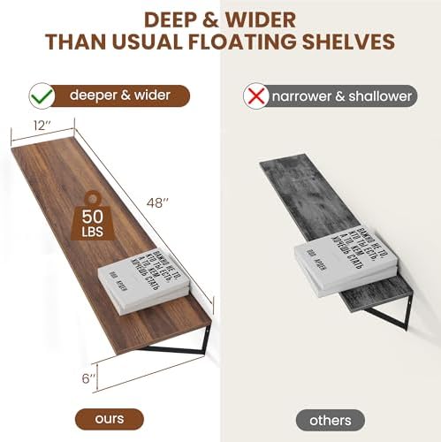 Heimlove 48W x 12D Deep Floating Shelves Set of 2 Walnut