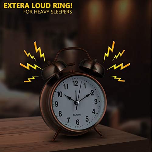 Bernhard Products Analog Alarm Clock Twin Bell Retro Copper Metal 4" Extra Loud Quartz Battery Operated with Backlight for Bedside Table Vintage Silent Non-Ticking Old fashioned Decorative Desk Clocks