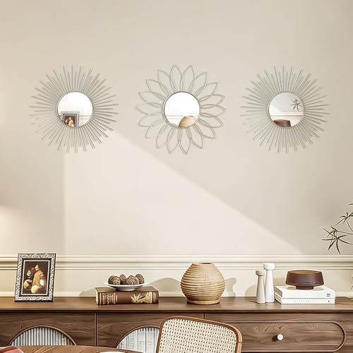 3 Pack Metal Mirrors for Wall Sunburst Wall Mirrors Home Décor Decorative Hanging Wall Art for Living Room Bedroom Entryway (Silver2, Flower+Sunburst)