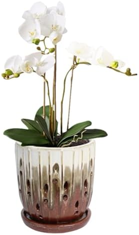 vensovo 6 Inch Ceramic Orchid Pot with Holes and Saucer, Brown Planter