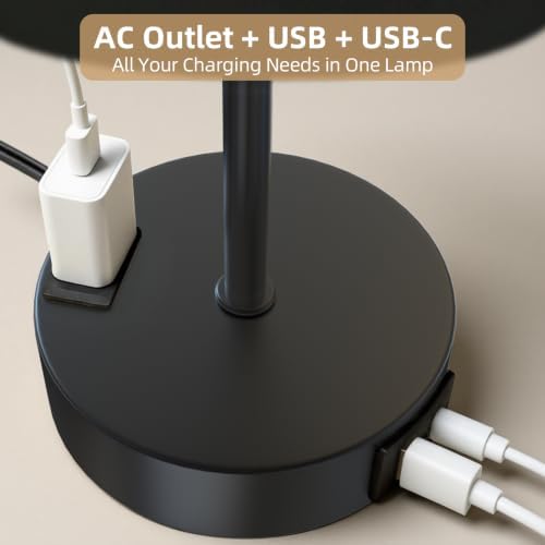 Bedside Table Lamp, Dimmable Touch, AC Outlet, USB A+C (Black)