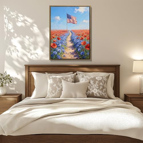 American Flag Framed Canvas Wall Art, 4th of July Patriotic Canvas Prints | Wildflower Field Landscape Poster Print, Vintage Rustic Independence Day Wall Decor for Bedroom Living Room 12×16in