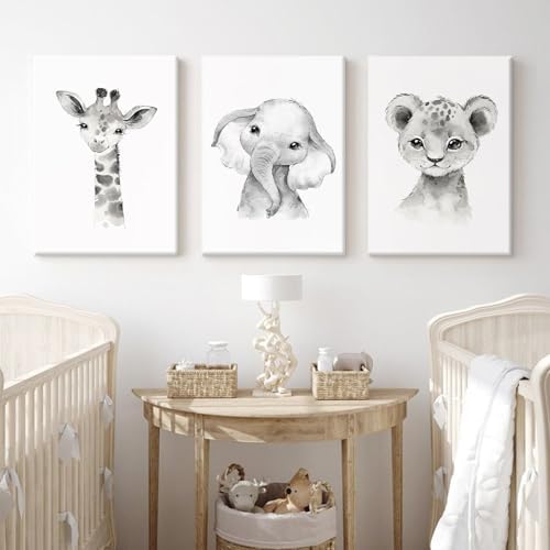 Safari Nursery Wall Art Decor Baby Animal Canvas Wall Art Baby Room Nursery Pictures Kids Artwork Safari Jungle Animal Prints Giraffe Elephant Tiger Painting for Bedroom 12x16x3 Inch Wrapped Canvas