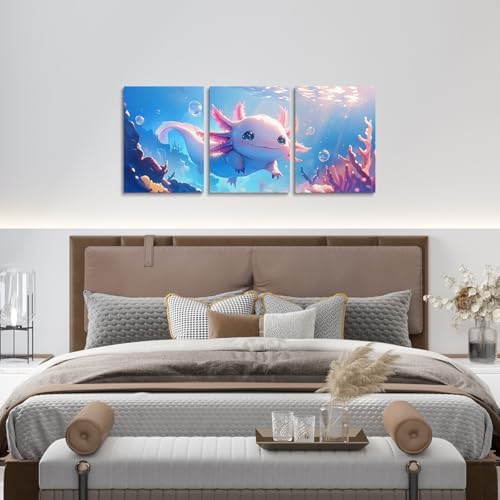 Feelyou Cute Axolotl Canvas Wall Art Kids Living Room Wall Decor for Bedroom Bathroom Ocean Sealife Paintings Modern 3 Piece Framed Canvas Art Prints Ready to Hang Cartoon Axolotl Pictures Home Decor
