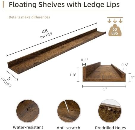 Acovy Picture Ledge Shelf, Wood, 48 inch, Brown, Set of 2