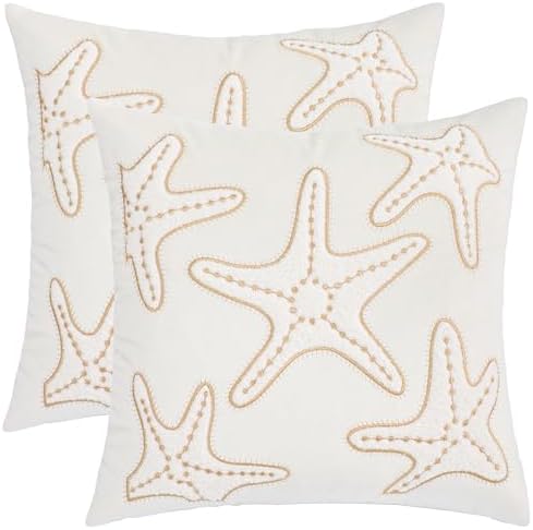 LUOYEHK Summer Embroidered Throw Pillow Covers 18x18 Inch Pack of 2, Beige Starfish Decorative Pillowcase Coastal Beach Cushion Covers for Couch Sofa Bed Home Decor