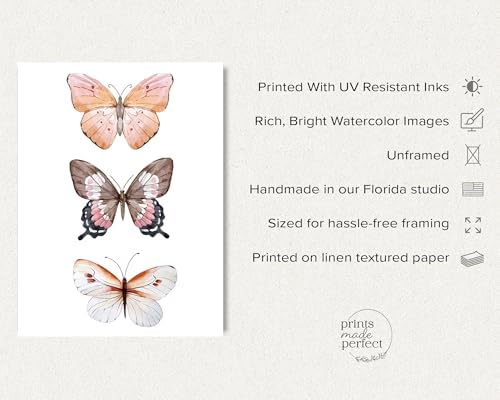 Prints Made Perfect Pink Butterfly Wall Art – Watercolor Butterfly Print – Soft Botanical Butterfly Decor – Feminine Bedroom or Nursery Wall Art – 11x14 Poster – Unframed