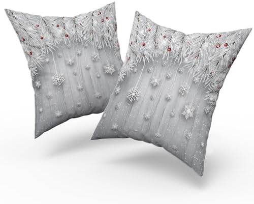 Giwawa Winter Snowflakes Pillow Covers Set of 2 20x20 Inch Christmas Falling Snow Xmas Tree Berries Decorative Farmhouse Throw Cushion Cases for Sofa Couch Porch Indoor Outdoor Holiday Patio