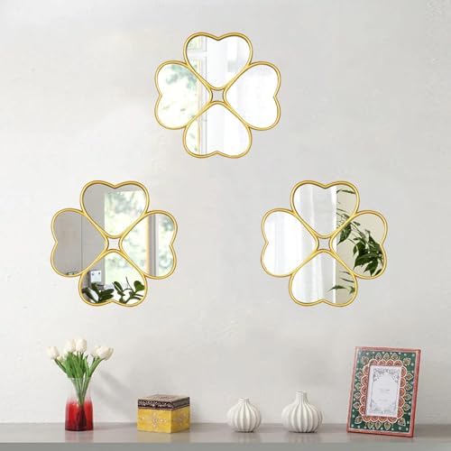 Small Decoritive Heart Wall Mirrors Set of 3, Decorative Four-Leaf Clover Mirror (Gold)