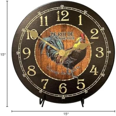 Black & Wood Rooster Wall Clock | Ultra Quiet Quartz Mechanism | Hand Made in USA Beautiful Crisp Lasting Color | Comes in 8 Sizes | 15-Inch