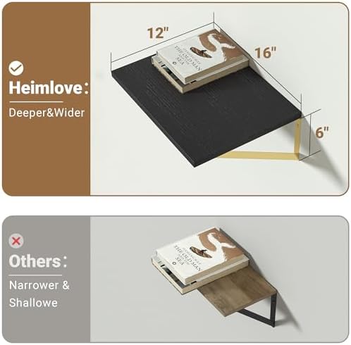 Heimlove 12 Inch Deep Black Floating Shelves，Wood Wall Shelves 16" W x 12" D Set of 2,Wall Mounted Shelves for Living Room, Bedroom, Kitchen, Bathroom,Closet and Decor Storage，Gold Bracket