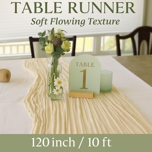 6 Pack Beige 10FT Cheesecloth Table Runner –120 Inch Soft Gauze Boho Table Runners for Baby Shower, Coastal Wedding, Modern Rustic Party Decor