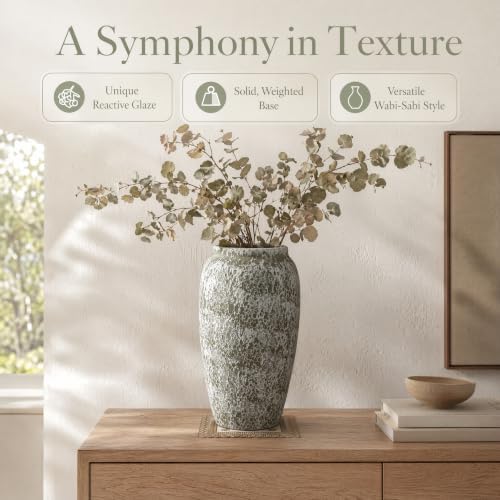 AOZITA Ceramic Flower Vase, 9.3" Tall Rustic Farmhouse Vase with Textured Finish, Slim Vintage Home Decor for Living Room, Kitchen, Bedroom & Office, Antique