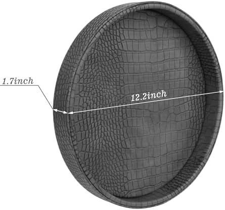 HofferRuffer Faux Leather Round Serving Tray, Vegan Croco Leather Decorative Tray, Food Tray for Storage Drinks, Snack & Cosmetics, Dia.12'' x 1.6'' (Dark Grey)