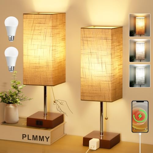 PLMMY Bedside Table Lamp for Bedroom Nightstand, 3 Color Pull Chain Nightstand Lamps Set of 2 with AC Outlets, Square Gray Lampshade Bedside Lamp for Living Room, Office Desk, LED Bulb Included