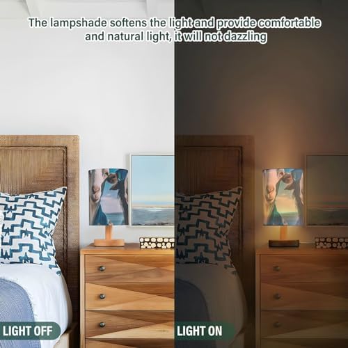Goat in Blue Suit Table Lamp Bedside Lamps with USB Port,Wood Base Round Flaxen Fabric Shade for Bedroom