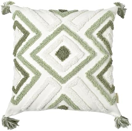 Boho Pillow Covers 18X18 Inch Boho Tufted Throw Pillow Covers Decorative Tassels Cushion Cover Farmhouse Pillow Case for Couch Sofa Bed Living Room Bedroom, Green