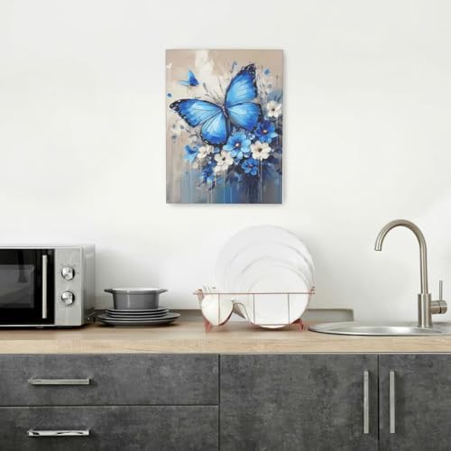 Crekviy Blue Butterfly Flower Wall Art Vintage Butterfly Pictures Wall Decor Canvas Prints Painting Artwork Decoration Girls Gifts for Bedroom Bathroom Living Room Framed 12"x16"