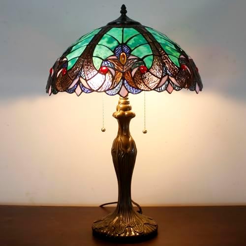 WERFACTORY Tiffany Style Lamp Green Stained Glass Bedside Table Lamp 24"